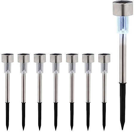 Relaxdays Solarlampen 8er Set, kaltweiß, wasserdicht, Dämmerungssensor, LED Solarlicht, HxD: 31 x 4,5 cm, Silber/schwarz, Edelstahl