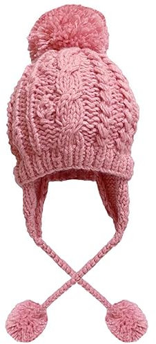 BOMHCS Häkelmütze für Damen, Winter, Zopfmuster, Ski-Ohrenklappen, Bommelmütze, Pink, L
