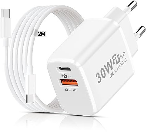 Cargador USB C 30W para Google Pixel 8 Pro/8A/8/7/7 Pro/6/6 Pro/5, Cargador Tipo C Carga Rapida Enchufe USB C Cargador Movil Rapido con 2M Cable USB C para iPhone 15 Pro Max,Samsung Galaxy S23 S22 S21