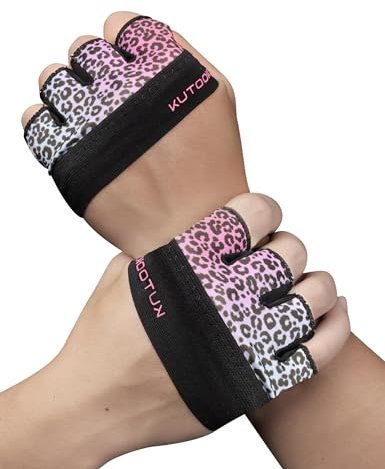 KUTOOK Fitnesshandschuhe Herren Kraftsport Krafttraining Handschuhe Damen Gym Gloves Women Sporthandschuhe Griffpolster Trainingshandschuhe Rosa Leopard Muster L