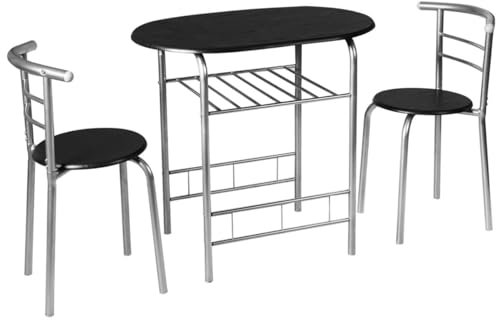 GiantexUK 3-Piece Dining Table Set, Metal Frame Kitchen Table Set with Storage Shelf, 2 Chairs, Compact Breakfast Bar Table Set for Home Kitchen Living Room Apartment Office (Black + Silver)