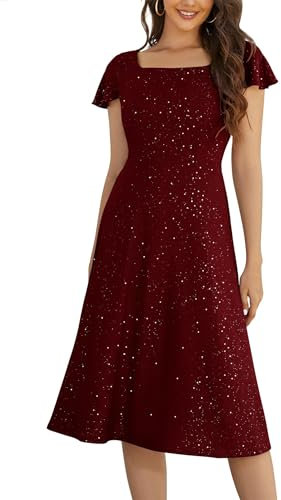Berylove Kleid Lang Glitzer Abendkleid Damen Elegant Hochzeitskleid Gast Damenkleider Sommer Festliches Kleid Cocktailkleider Abschlussballkleid BLS005 DarkRed XL
