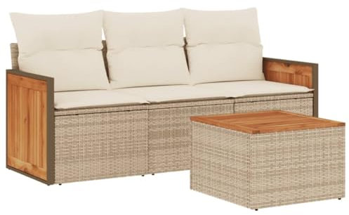 vidaXL Garten Sofagarnitur mit Kissen 4-TLG., Gartenmöbel Gartengarnitur, Sitzgruppe Sitzgarnitur, Lounge Sofa Garnitur Terrasse, Beige Poly Rattan