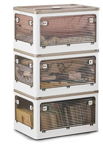 HANFU Boîtes de Rangement avec Couvercle Lot de 3x56L, Boite Plastique Rangement avec 4x Roulettes, Pliable 5x Door Caisses de Rangement, Boite Rangement Empilable pour Vêtement Jouet Salon Camping