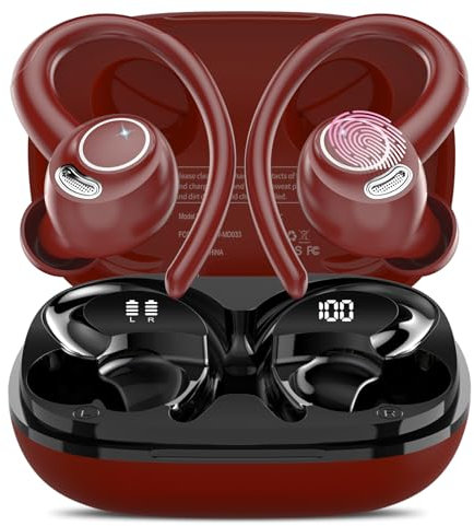 Auriculares Inalámbricos Deportivos, Auriculares Bluetooth 5.3 con HD Micrófono, Sonido Premium, 40H de Reproducción, Pantalla LED, Cómodos de Llevar, Cascos Inalambricos con Gancho, Rojo Clásico