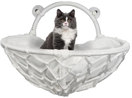 Katzenliege für Fenster (bis 20kg), Gemütliche Katzenliege am Fenster für Ihre Katze,100% Handarbeit,Katzenbett mit Kissen (Weiss)