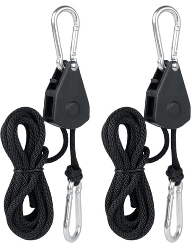 AiQInu 2 Stück Verstellbarer Seil Ratsche, Ratchet Hanger, Duty Heavy Rope Seilratsche mit Haken, für Grow Light Armaturen Pflanzenlampe Gartenarbeit, 68kg (150lbs) Tragkraft pro Paar