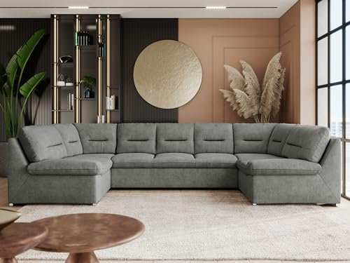 MKS MEBLE Sofa XXL U-Form Grau, Wohnlandschaft U Form mit Schlaffunktion, Sofa mit Schlaffunktion, Schlafsofa mit Topper, Wohnzimmer Couch mit schlaffunktion - Comodo U - Grau Stukture