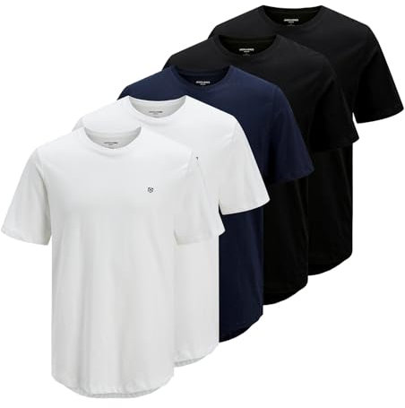 JACK & JONES Herren Shirts T-Shirts Tee SS Crew Neck 5er Pack, Farbe:Mehrfarbig, Größe:M, Artikel:-White/Black/Navy Blazer