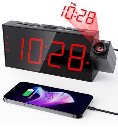 ROCAM Digital Projection Alarm Clock with USB Charging Port, Dimmer for Bedroom, Loud for Heavy Sleepers, Snooze