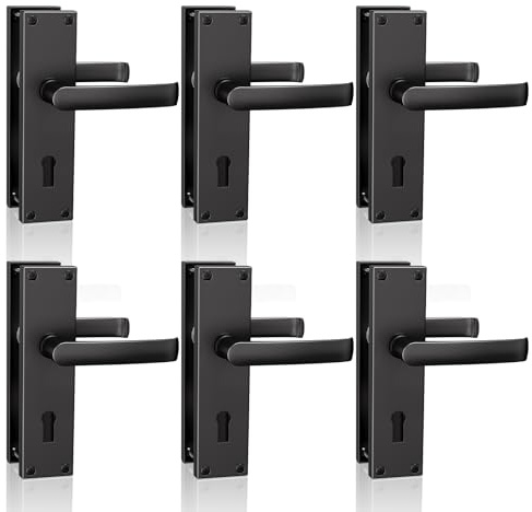 Bwintech 6 Pairs Lever Latch Flat Black Door Handles,Classic Victorian Straight Design,with Key Hole,Ideal for All Types of Wooden Doors,Internal Doors