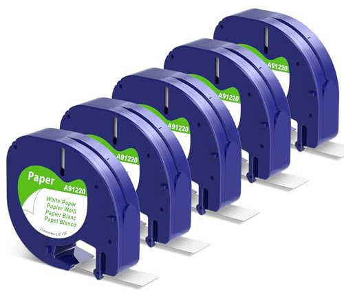 5x Label KINGDOM 91220 Kompatibel mit Dymo Letratag Etikettenband, Kompatibel mit Dymo LetraTag 12mm x 4m White Papier, Schriftband für LT-100H LT-100T 200B XR XM, Schwarz auf Weiß