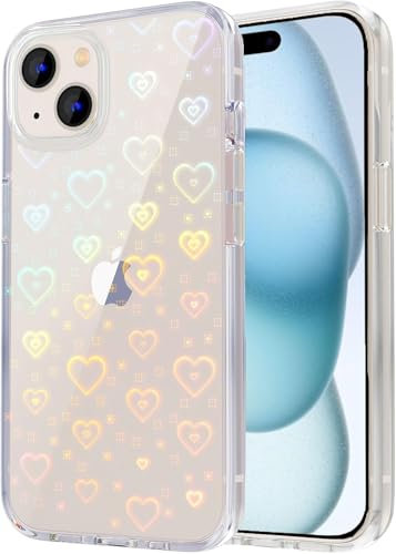 Riccase for iPhone 14 Case, Clear Cute Glitter Holographic Heart Phone Case for Girls Women, Anti-Yellow Protective Hard PC Cover Soft Silicone Frame for iPhone 14, Rainbow Heart
