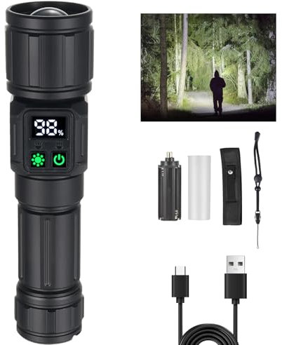 Tom-shine LED Taschenlampe Extrem Hell mit Zoomfunktion – USB-C Aufladbar 5000mAh, 9 Modi + Seitenlicht & Akku-Anzeige, IPX4 Regengeschützt für Jagd, Camping, Notfälle
