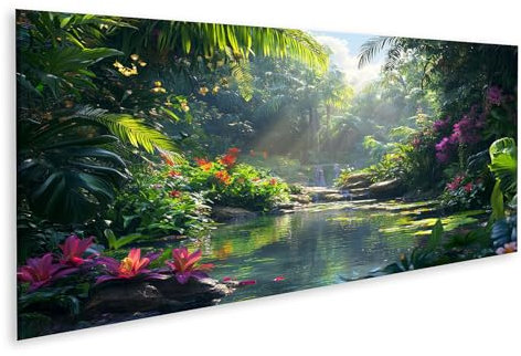 islandburner Prime Bild auf Leinwand Tropischer Dschungel mit Wasserfall und Blumen Bilder Wandbilder Poster