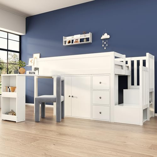 Kinderbett 90x200 Einzelbett, Hochbett mit Stauschrank, Ausziehbarem Schreibtisch und Schubladen, Treppe und Treppenschrank, Holzbett Stauraumbett Funktionsbett Jugendhochbett, Ohne Matratze, Weiß