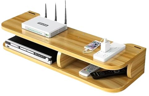 Savieva Wall-Mounted Floating Shelves with WiFi Router Storage & TV Cabinet | Wooden Cable Management Unit 57x19.5x10cm | for Living Room, Bedroom, Office | Holds Set-Top Boxes, Media Devices