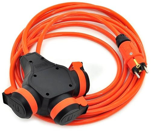 ELS Elektrotechnika Cavo di prolunga da 40 m con 3 prese Schuko per uso esterno, IP54, H07BQ-F 3G, prolunga da 2,5 mm², con 3 prese con contatto di protezione, 3 prese per esterni, 40 metri, arancione