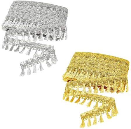 LINTRA Flecos Dorados, 5,5 cm X 5 m Flecos para Coser Largos, Oro y Plata Pasamaneria Dorada, para Manualidades, Tejidos, Cortinas Decorativas, Ropa