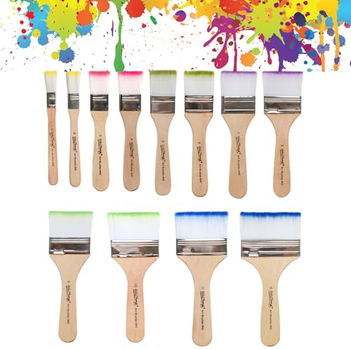 12 Pezzi Pennelli Pittura Larghi, Pennello Piatto per Pittura Pennello Legno Vernice Professionali Pennelli Piatti per Acquerello pittura Acrilica, pittura a Olio
