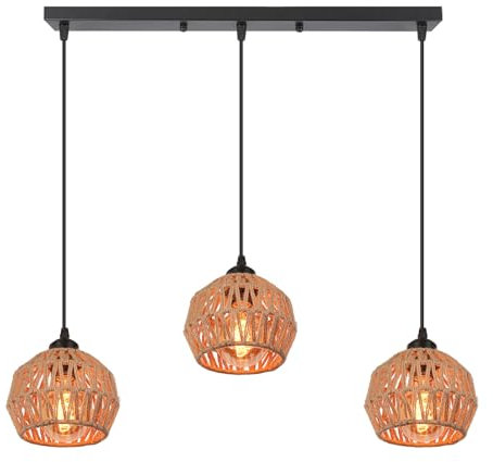 LIGKIN 3 Lumières Suspension Industriel Lustre Vintage Abat-jour en Métal Chanvre Corde E27 Lampe Suspendue Avec Barre Luminaire pour Restaurant Salon Chambre