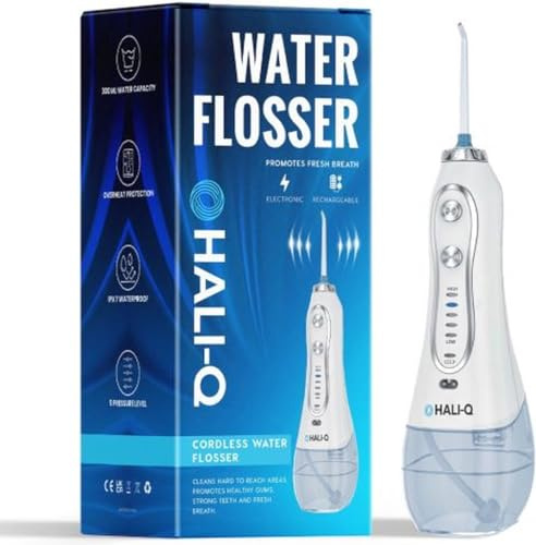 Hali-Q Kabellose Munddusche | Tragbare Munddusche | 5 Druckmodi (40 bis 140 psi) | 300 ml Wassertank | 5 Düsen | USB wiederaufladbar | IPX7 wasserdicht | Kugelsystem