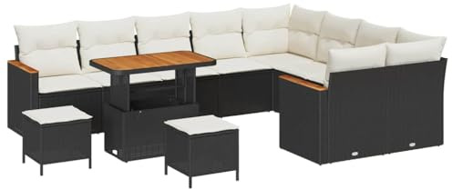 vidaXL 12-teiliges Garten-Sofa-Set mit Kissen in Schwarz und Creme Weiß aus Poly Rattan und Akazie. Bequem für 5 Personen, mit abnehmbaren Bezügen. Wetterfest und robust, perfekt für Deine Terrasse.