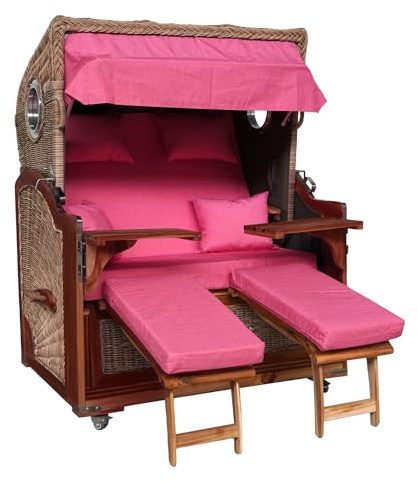 Webavita Strandkorb Bali Mahagoniholz | 2,5-Sitzer | Montiert | Geflecht Grau | Bezug Rosa | Halblieger | Beach Chair für den Garten Terrasse Balkon