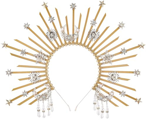 PartyforU Sonnengöttin Halo Stirnband - Sunburst Heiligenschein Krone mit Stern und Mond für Frauen Cosplay Renaissance Zubehör