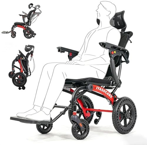Liegender Klappbarer Rollstuhl Senioren Aluminium Ultraleichter Reiserollstuhl Und KopfstüTze Tragbarer Transportrollstühle Klappbar mit Honeycomb Gelände Reifen,Schmaler Rollstuhl für Wohnung