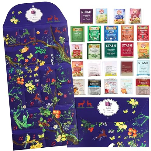 Assorted Teas Gift Advent Calendar, Seasonal Tea Sampler Variety Pack (24 Count, 24 Flavors) Holiday Gift for Family, Friends, Coworkers, Mom, Dad, Wife, Husband