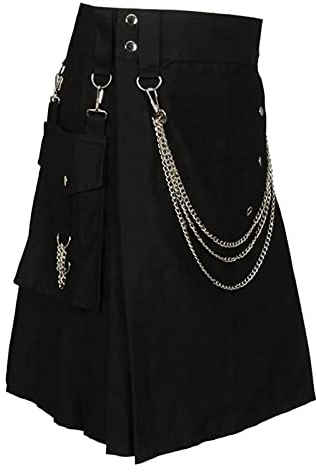 Herren Schottisch Kilts Original Schottenrock Retro Utility Schottischer Rock mit Tasche Steampunk Traditioneller Kilt Herrenröcke Kontrastband Faltenrock Gothic Kleidung