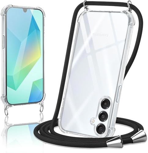Micnkifo Coque pour Samsung Galaxy A16 avec Cordon, Housse Transparent Silicone Anti-Jaunissement Collier Réglable Case, Téléphone Étui Antichoc Portable Lanière Cover pour Samsung A16 - Noir