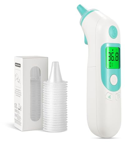 Thermometer Baby Thermometer for Adults Kids 3-Color Fever Alarm Digital Ear Thermometer Accuracy 1s Reading 40 Sets Memory ℃/℉ Switchable units LCD Mute Mode with Disposable Probe Covers Accessories