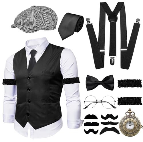 Xerteam 20er Jahre Kostüm Herren mit Weste Taschenuhr Hut Krawatte Fliege Hosenträger Gläser, Halloween 20er Jahre Accessoires für Karneval Fasching Party