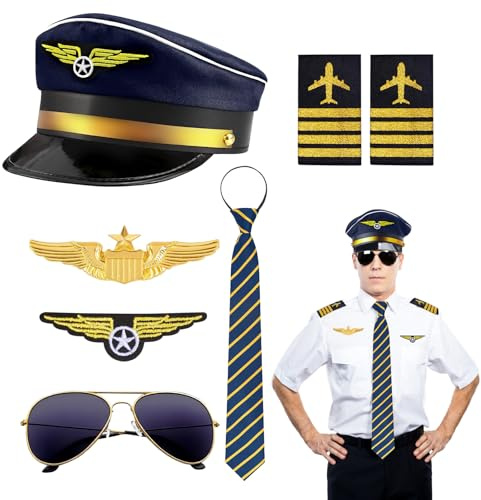 shallyong 7PCS Karneval Pilot Kapitän Kostüm Zubehör, Cosplay Pilot Kostüm Zubehör, Pilotenmütze, Schulterklappen, Abzeichen, Sonnenbrille, Krawatte, Brosche, Kapitän Kostüme Accessoires für Karneval