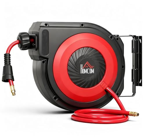 HOMCOM Automatik Druckluftschlauchtrommel 15m+1,5m Druckluftschlauch mit 1/4' Schnellanschluss, 9,5 x 15,8 mm Durchmesser, max. Druck: 10 Bar 180°-Drehgelenk, Schlauchaufroller Wandhalterung