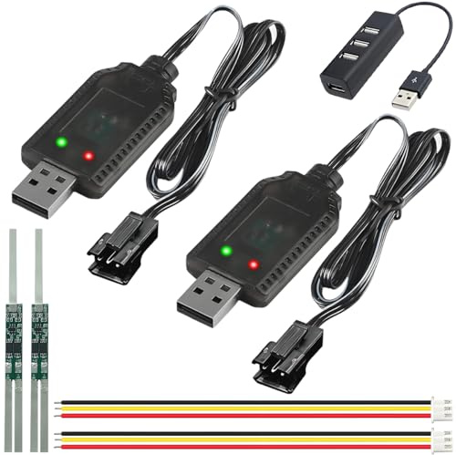 ZHUROUPU 2Pcs 7.4V RC USB Battery Charger with SM-3P Plug Connector for Nicd/Nimh Batteries, 1000mA RC Cars Drones Portable Charger Cable with LED Indicator, 3 Pin USB 3.0 Hub Splitter
