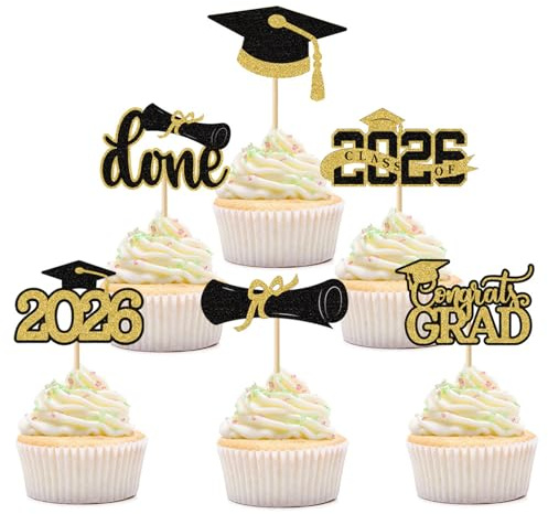 24 Stück Glitter 2026 Abschlussfeier Cupcake Toppers - Tortendeko Gold, Muffin Deko, Cake Topper für Bachelor Party, Graduation Party Dekoration
