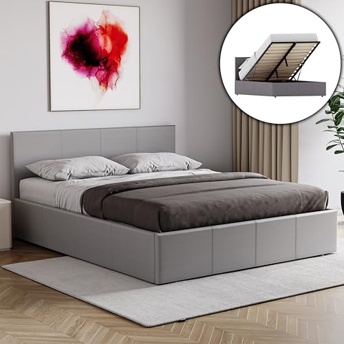 Vida Designs Lisbon Double Ottoman Bed Frame with Mattress | Grey | 87 H X 144 W x 200 D cm | Faux Leather | Padded Headboard | Low Foot | Gas Lift | Large Storage | UKFR | Bedroom Furniture