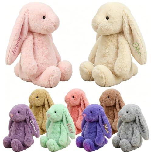 NGBEWU Personalisierter Hasen-Plüschtier | Individuelles Kuscheltier mit gesticktem Namen & Jahr auf den Ohren | Weiches handgefertigtes Stofftier als Ostern