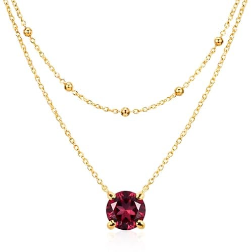 TILOVE July Birthstone Necklace Women – Rhodolite Garnet Red Gemstone Pendant – Layered Gold Plated Stainless Steel – French Design Gift for Her