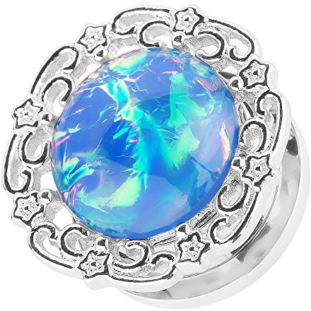 Piercingfaktor Flesh Tunnel Ohr Plug Piercing Ohrpiercing Vintage Tribal Ethno Boho Edelstahl Blume mit Opal Perle Stein Silber Türkis 12mm
