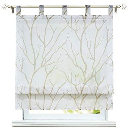 ESLIR Raffrollo mit Schlaufen Gardinen Küche Raffgardinen Transparent Schlaufenrollo Modern Vorhänge Weiß-Braun BxH 140x140cm 1 Stück