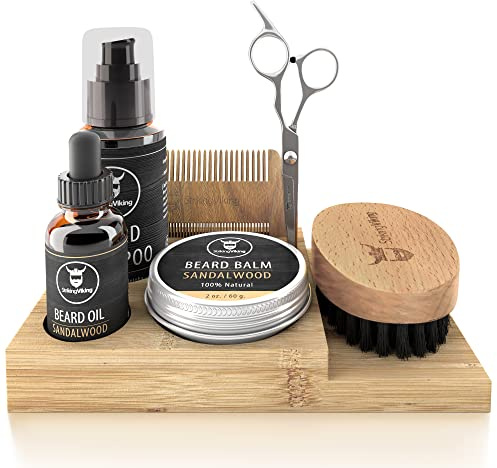 Striking Viking Bartwachstumsset – 7-teiliges Set, Sandelholz – Weichmachendes Sandelholz-Bartöl & Balsam – Bürste mit Schnurrbartkamm & Schere – kompakter Caddy Organizer & Geschenke für Männer