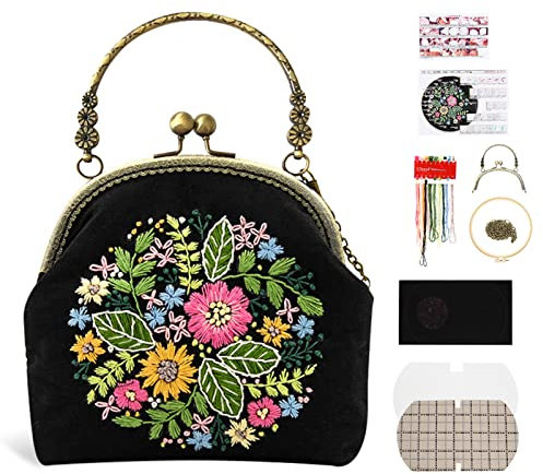 Schwarz Leinentasche Stickerei Starter Kit, Stickpackung Aus Segeltuch, Stickset Tragetasche, Canvas Tragetasche Damen, Unfertige Handgefertigte DIY-Geldbörse Mit Kussschloss Und Crossbody-Kette
