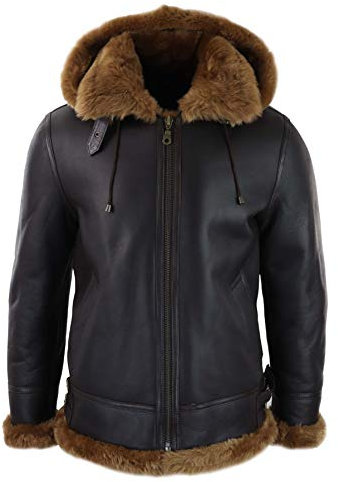 TruClothing.com Herren Lederjacke 100% Echtleder Schwarz Schaffell mit Kapuze Aviator Piloten Design Vintage Schafsleder Jacke