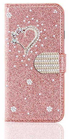 Case for iPhone SE 2022 / iPhone SE 2020 / iPhone 8 / iPhone 7, Handmade 3D Love Heart Glitter Diamonds Wallet Flip Phone Case Shockproof PU Leather Stand Card Slots Protective Cover, Rose Gold