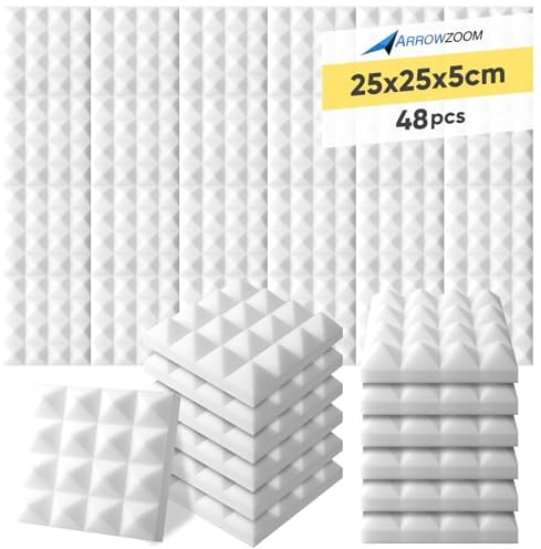 Arrowzoom 48 Akkustik Platten Akkustikschaumstoffmatten Akustikschaumstoff 25x25x5cm Dämmung Pyramide Noppenschaumstoff Breitbandabsorber Foam Feuerhemmend Tonstudio Schallabsorbierende Perlweiss