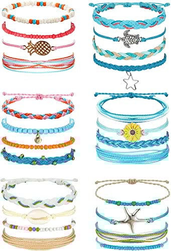 Adramata 24 Stück String Wave Fußkettchen Armbänder für Frauen Surfer Wave Armband Verstellbare Handgefertigte Freundschaftsarmband Boho Armbänder Fußkettchen,A